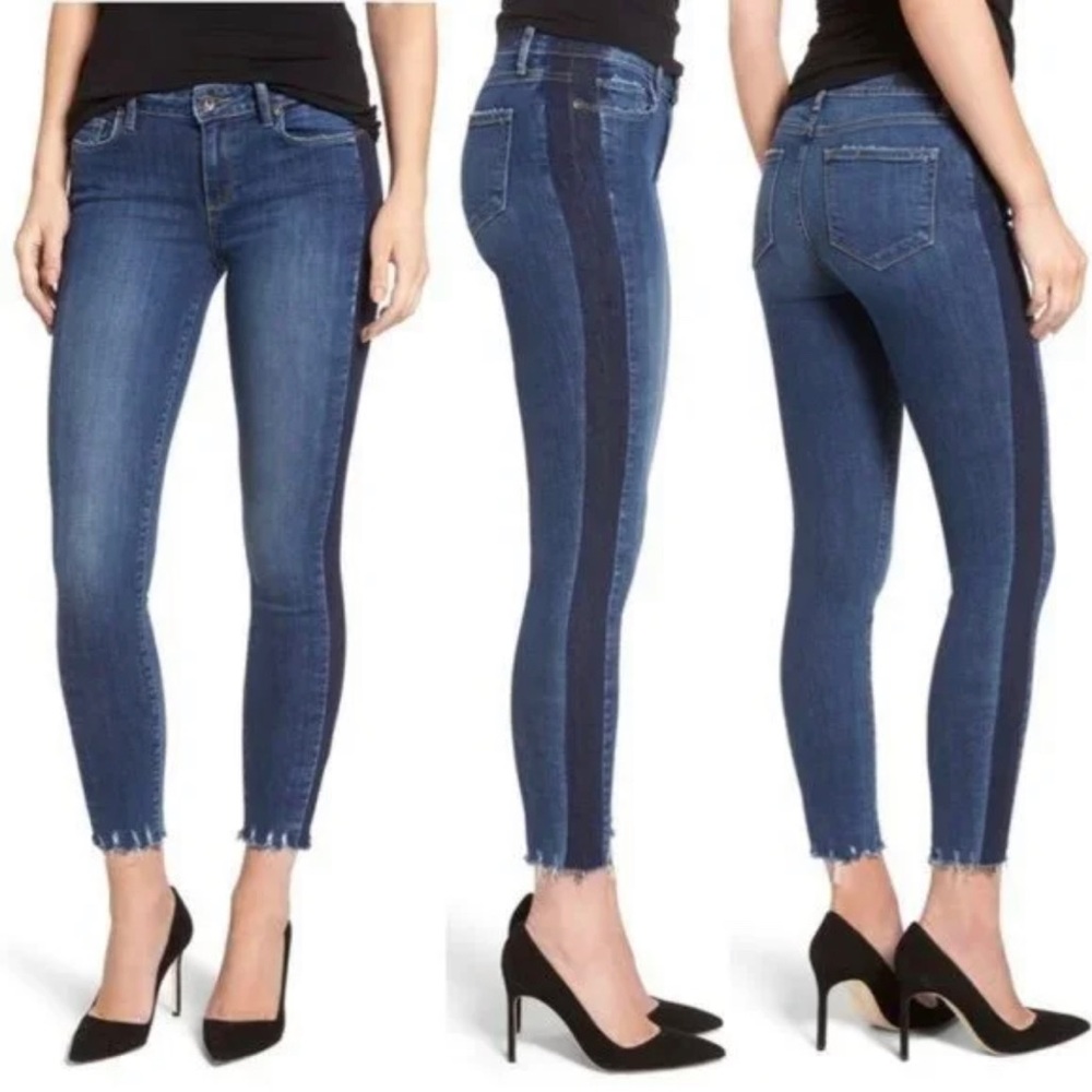 PAIGE Verdugo Ultra Skinny Ankle Jeans Blue Side Stripe Raw Ankle Hem Size 28‎